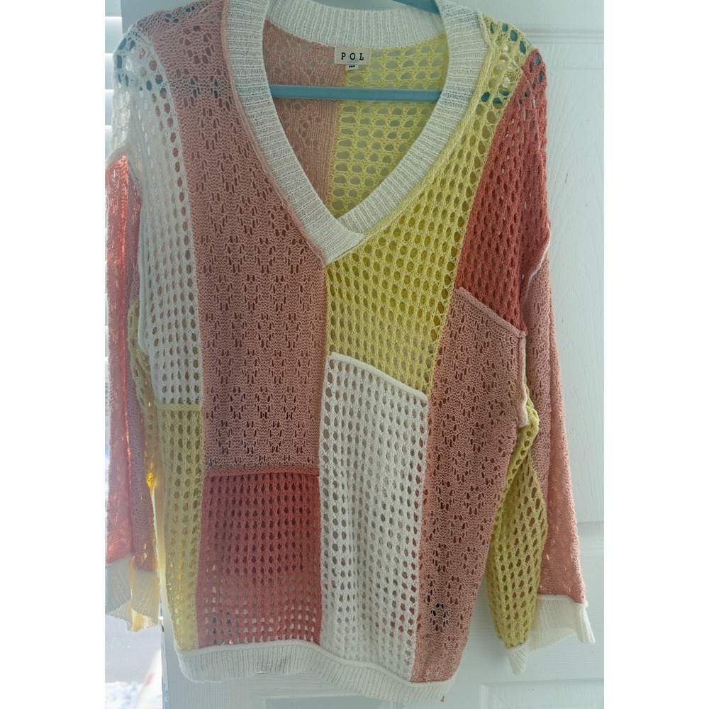 POL Clothing Women Colorblock Patchwork Crochet V-Neck Sweater Pink Yellow M - Picture 4 of 7